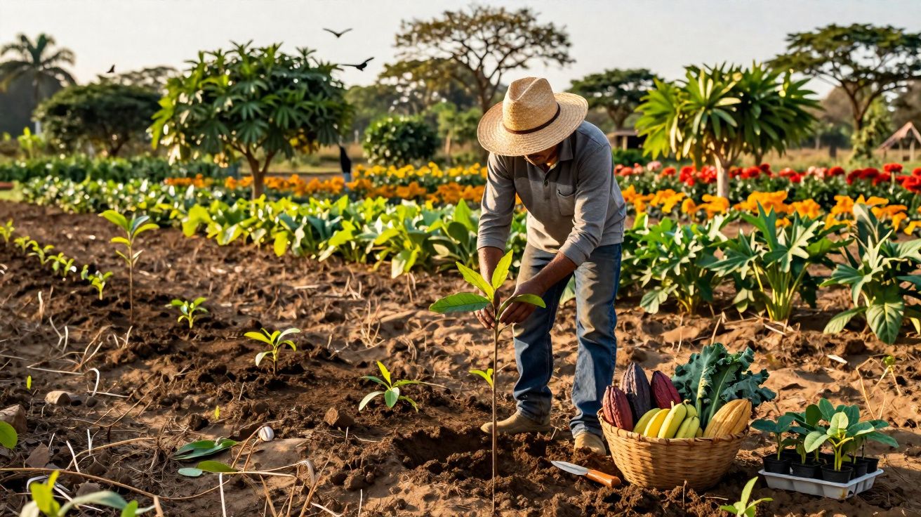 Agricultor plantando muda em campo com cesta de frutas e vegetais ao lado em área rural.