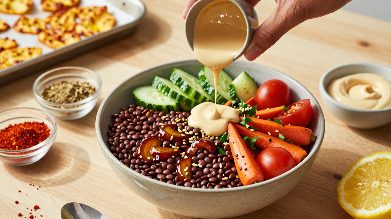 Mão derramando molho cremoso em salada colorida com feijão, cenoura, pepino e tomate cereja em tigela cinza.