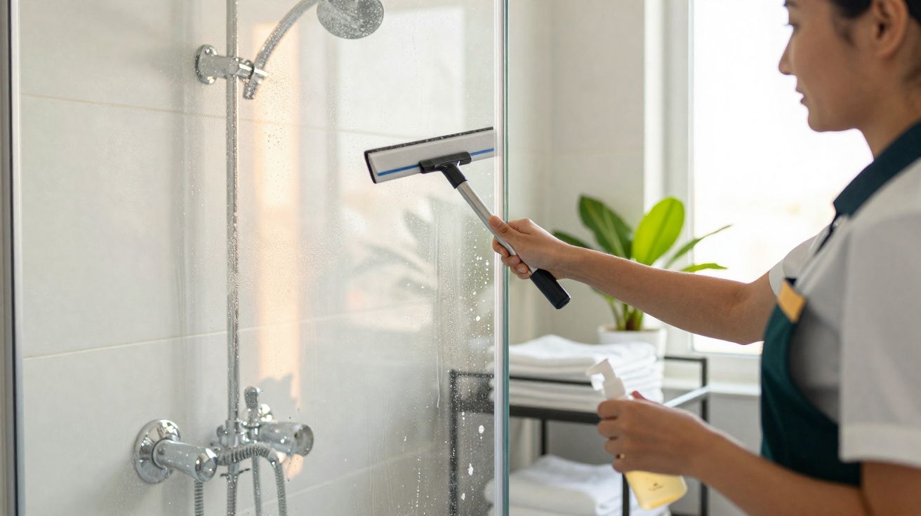 Pessoa limpando vidro do box do banheiro com rodo e borrifador em ambiente iluminado e organizado.