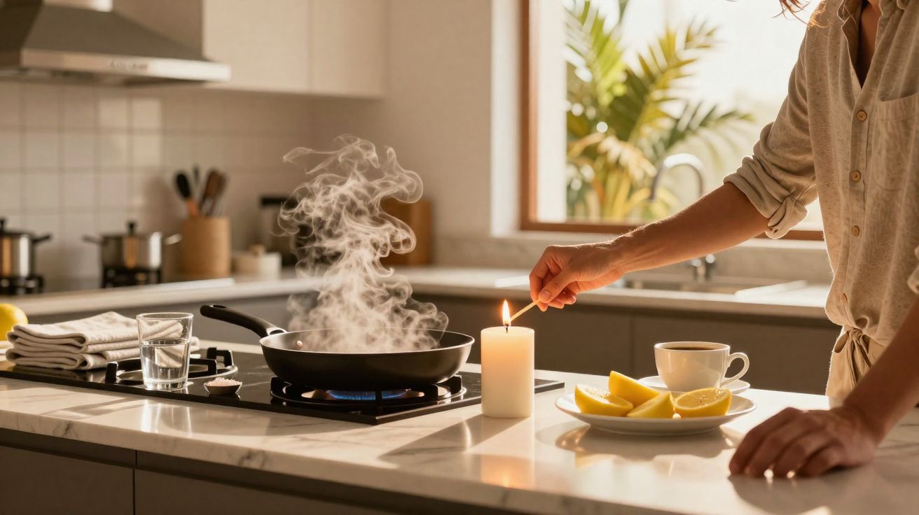 Pessoa acendendo vela próxima a frigideira com vapor em fogão na cozinha iluminada.