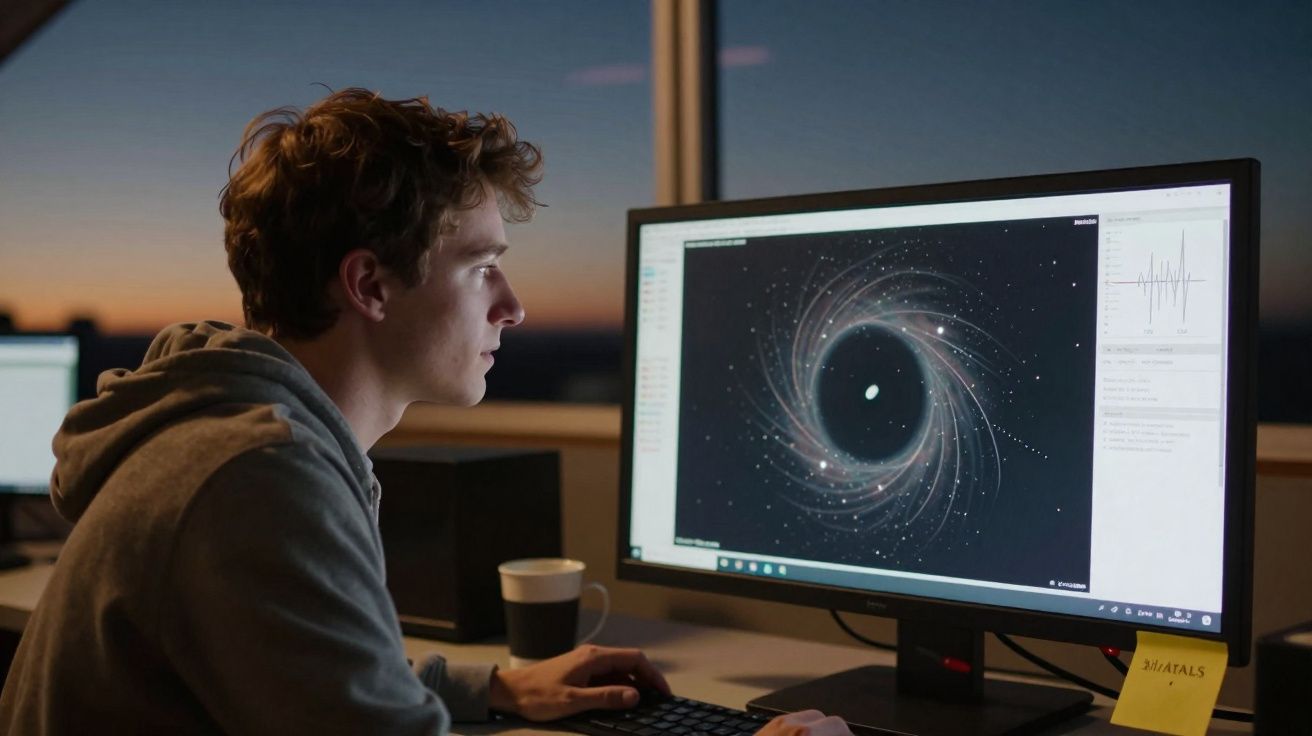 Jovem observando simulação de buraco negro em tela de computador à noite em escritório.