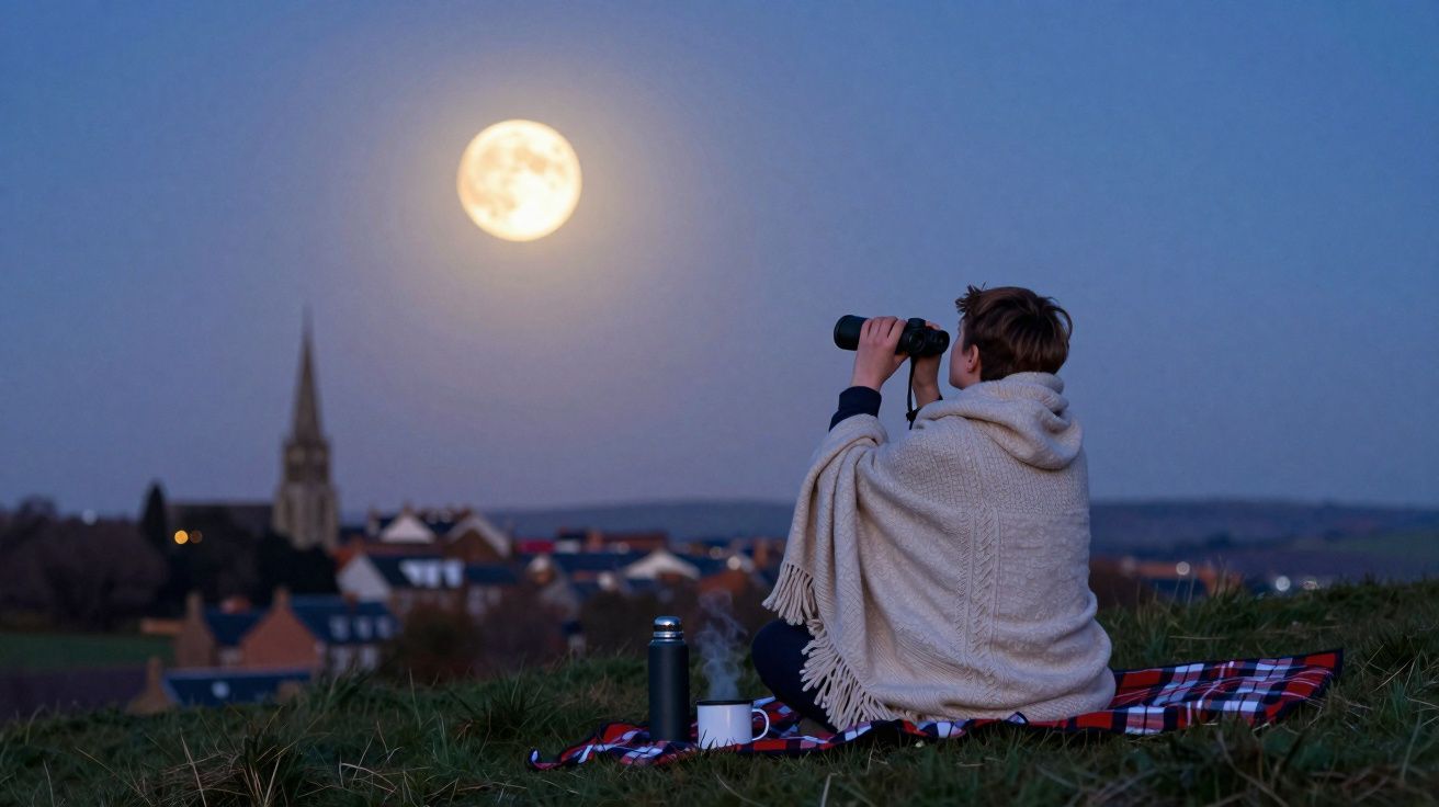 Pessoa sentada no campo à noite olhando a lua cheia com binóculos e coberta por um xale.