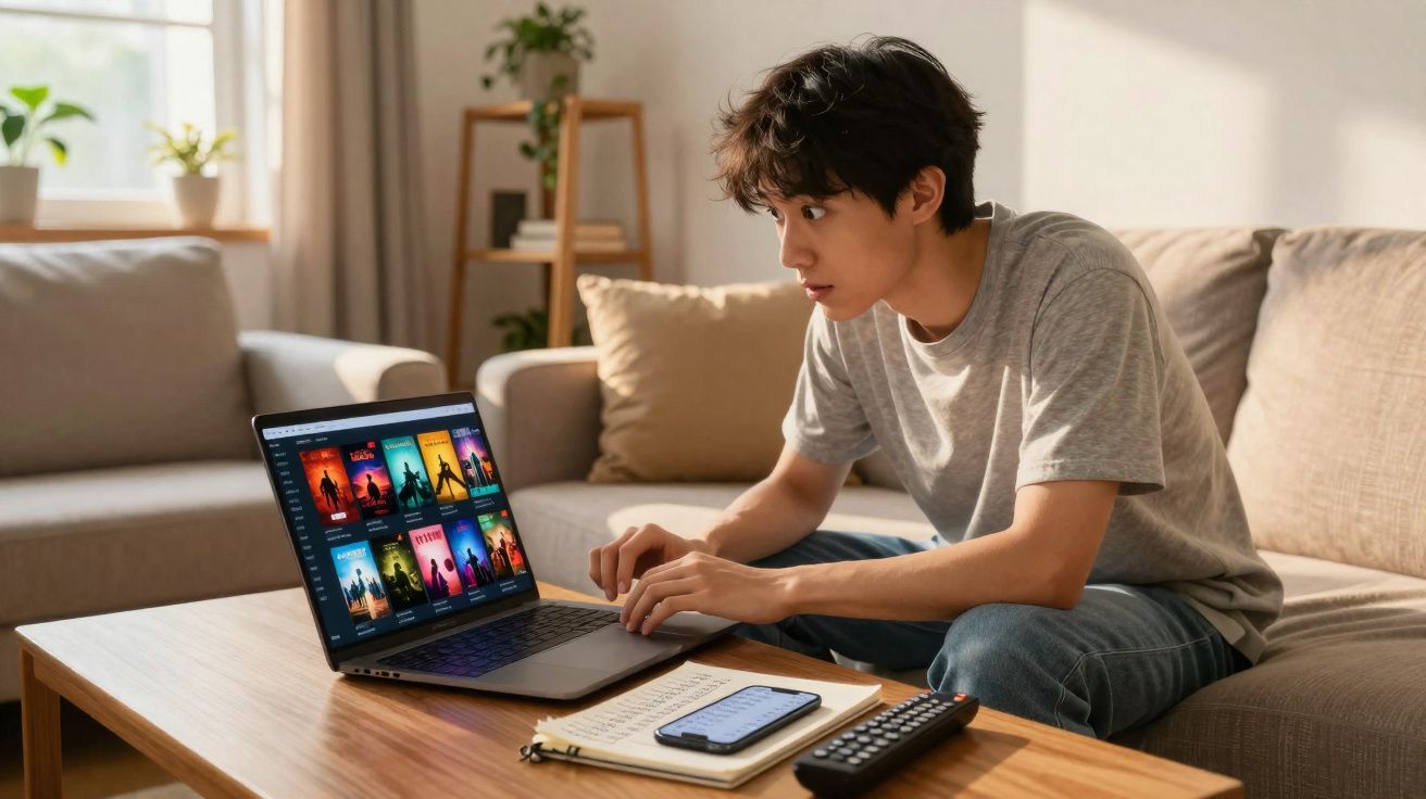 Homem jovem sentado no sofá usando laptop para escolher filmes em sala iluminada e confortável.