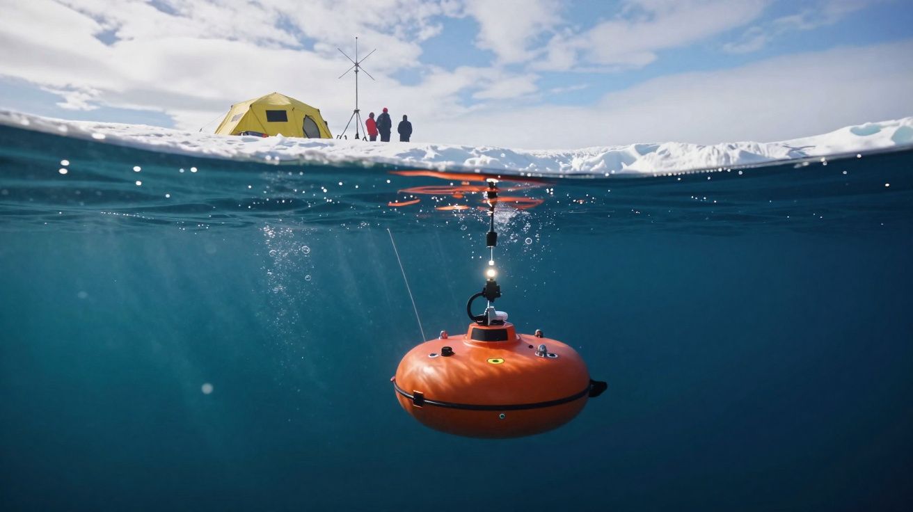 Veículo subaquático amarelo laranja com hélice em água transparente próximo a acampamento em gelo com pessoas.