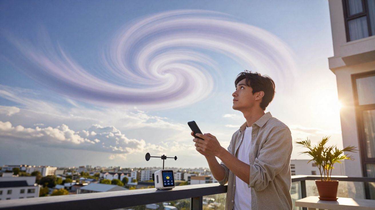 Jovem observa redemoinho no céu segurando smartphone em sacada com estação meteorológica e planta.
