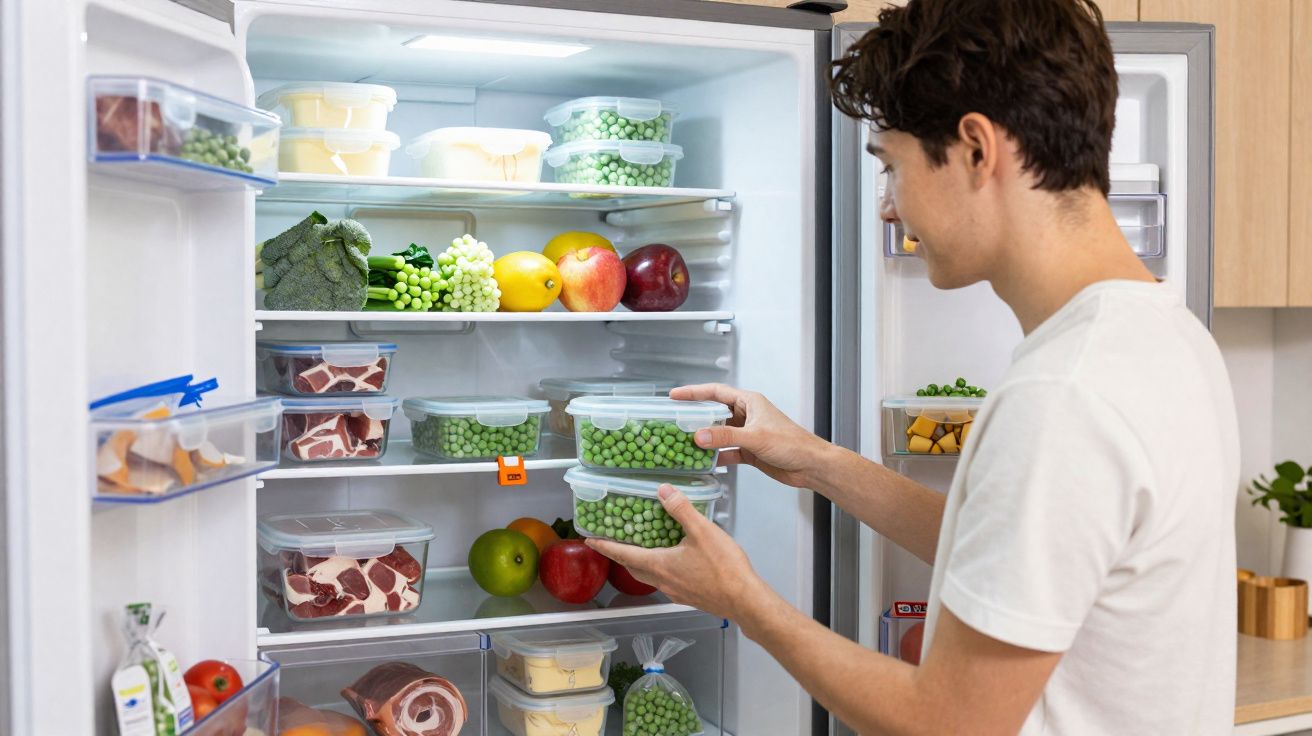 Pessoa organizando potes com ervilhas congeladas dentro de geladeira bem iluminada e abastecida.