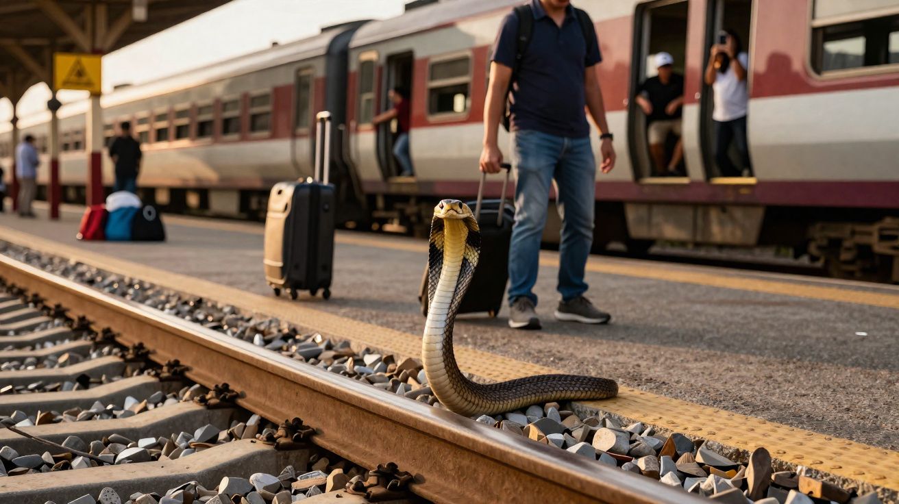 Cobra na linha do trem enquanto passageiros aguardam na plataforma com malas.