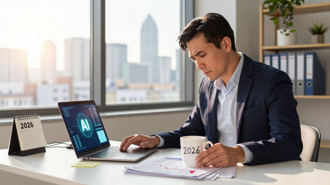 Homem de terno analisando gráficos no escritório com laptop e caneca marcados com 2026.