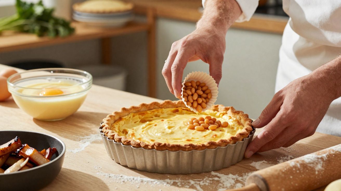 Pessoa colocando pesos para assar torta cremosa em forma de metal sobre mesa com ingredientes e rolo de massa.