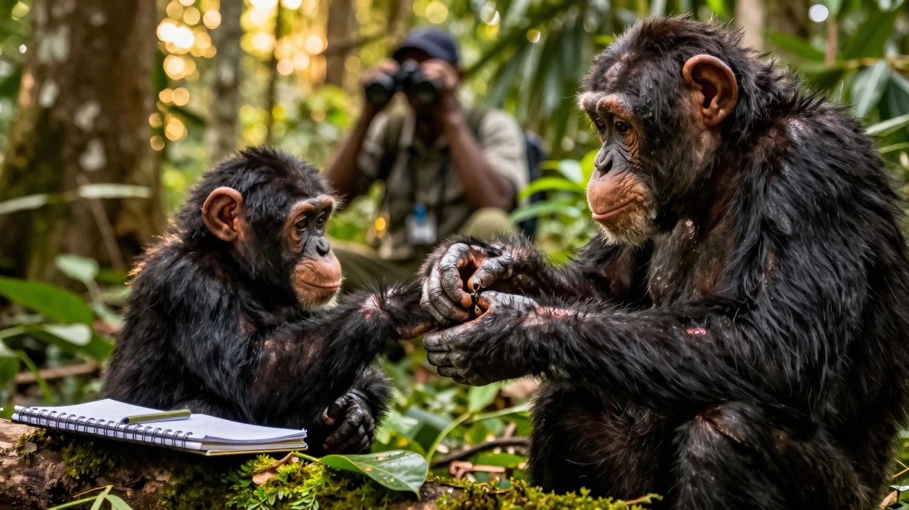 Dois chimpanzés interagindo em floresta com caderno ao lado enquanto homem fotografa ao fundo.