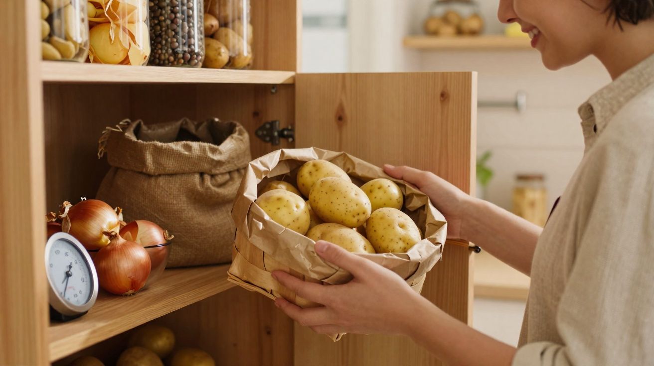 Pessoa guardando batatas em sacola de papel dentro de armário de madeira na cozinha.