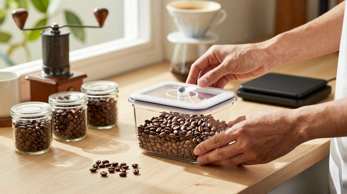 Mãos fechando pote transparente com grãos de café em superfície com potes e moedor ao fundo.