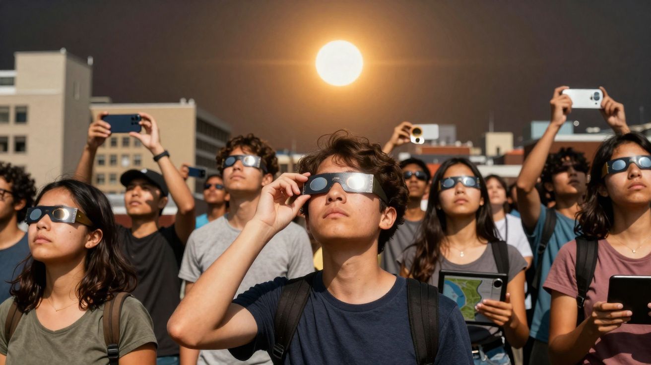 Grupo de jovens usando óculos especiais para observar eclipse solar em área urbana com prédios ao fundo.