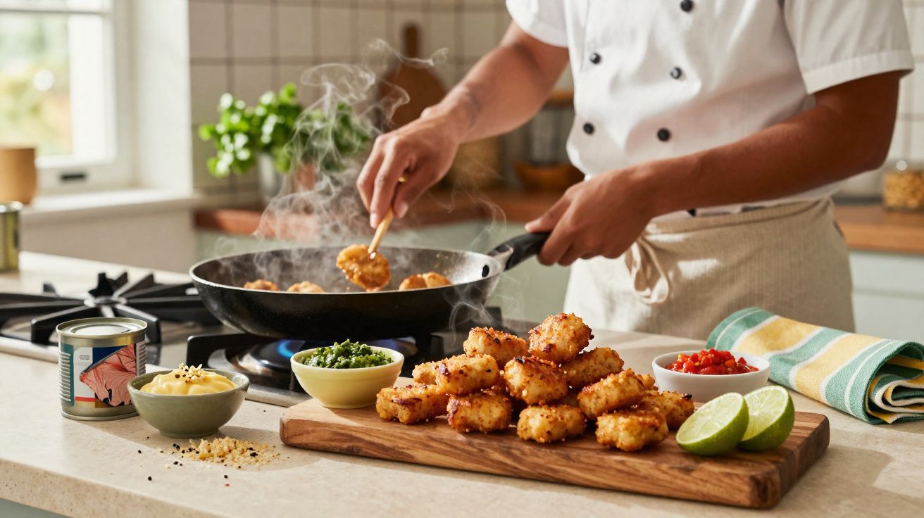 Pessoa preparando bolinhos dourados em frigideira em cozinha com temperos e limão na bancada.