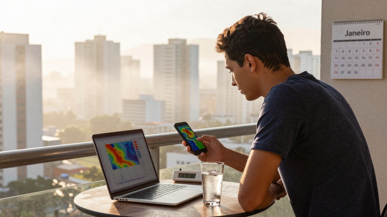 Homem olhando gráficos coloridos em celular e notebook enquanto está em varanda com vista para prédios.