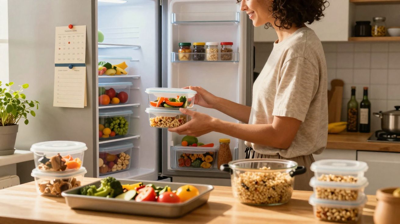 Mulher colocando potes de vidro com comida na geladeira em cozinha iluminada e organizada.