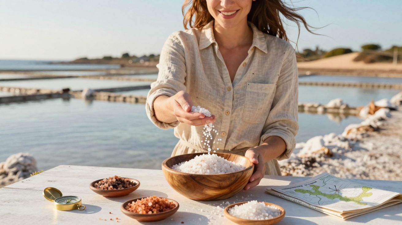 Mulher segurando sal grosso na mão com lago de sal ao fundo em dia ensolarado.