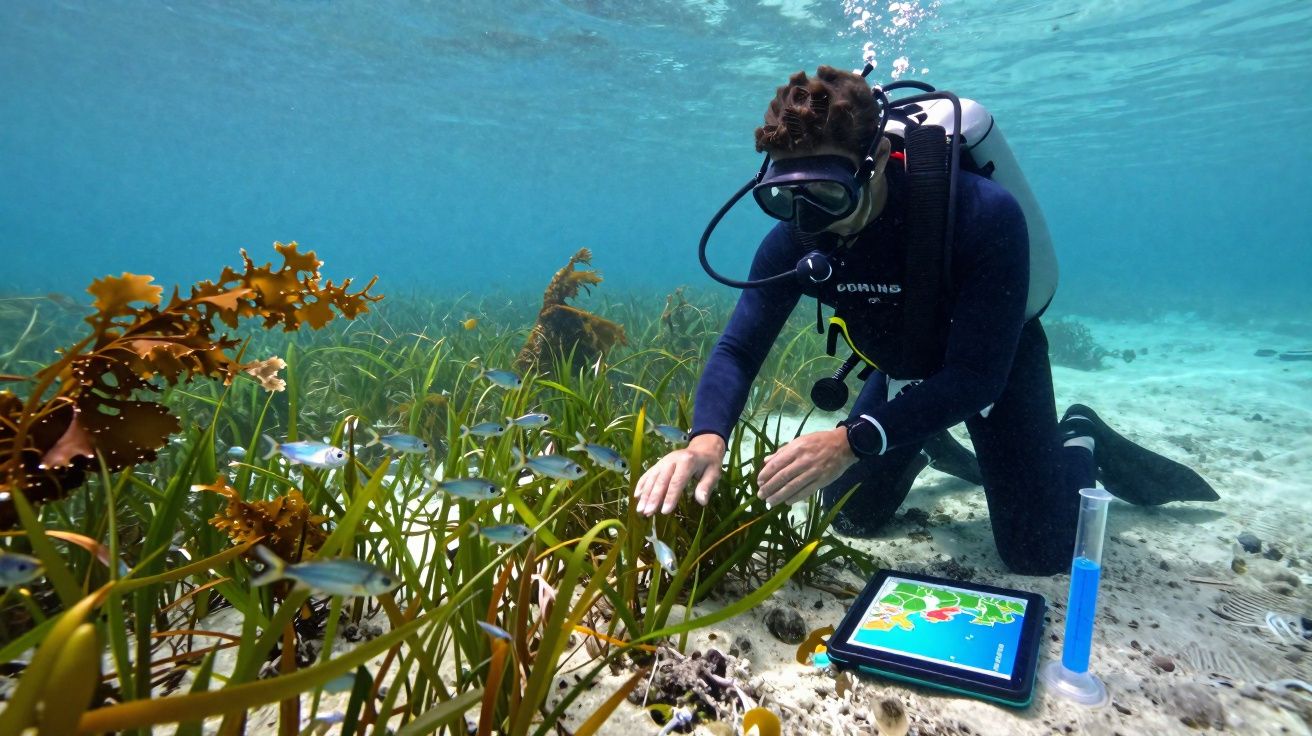Mergulhador usando equipamento completo coleta dados em área subaquática com vegetação marinha e peixes pequenos.