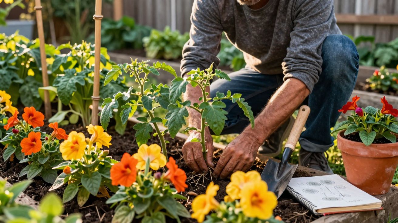 Pessoa plantando mudas em jardim com flores coloridas e caderno de anotações ao lado.