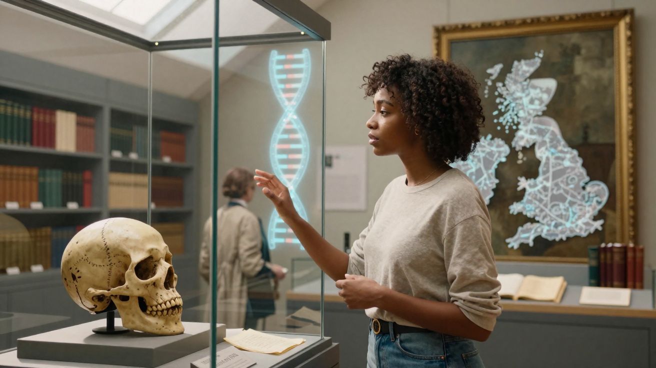Mulher observando exibição de crânio e hélice de DNA holográfica em museu de história natural.