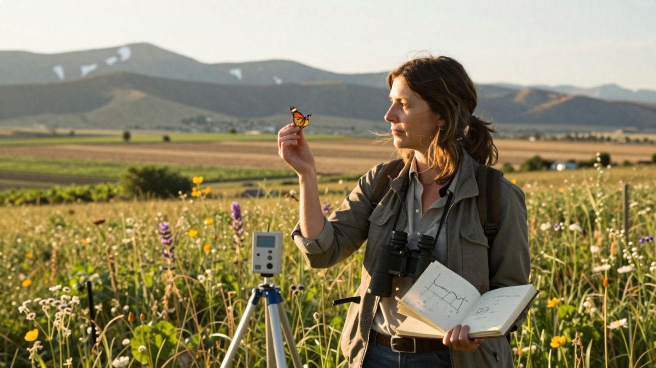 Mulher observando borboleta em campo florido com caderno, binóculos e equipamento de medição.