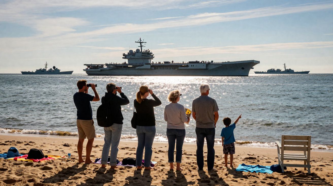 Pessoas observam com binóculos porta-aviões e navios de guerra no mar a partir da praia ensolarada.