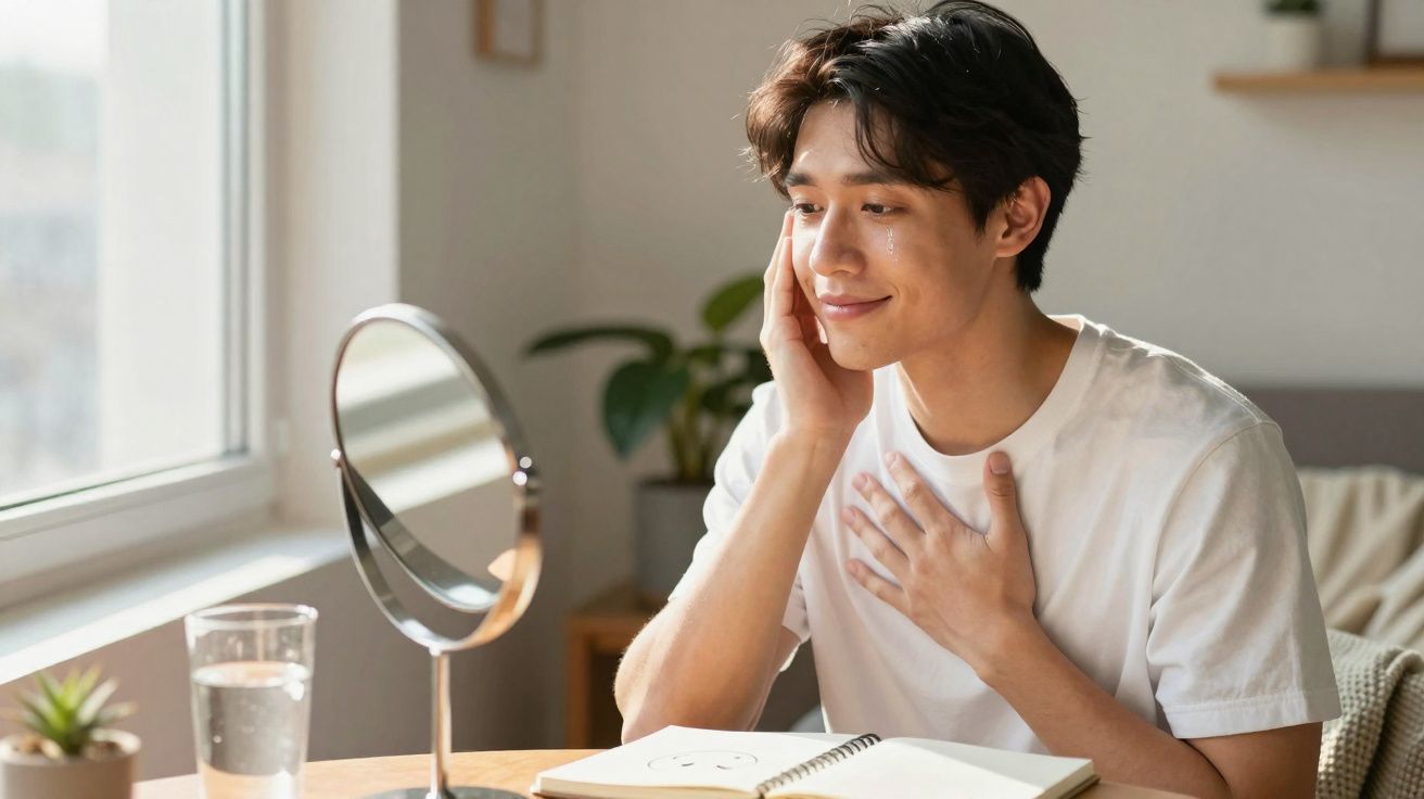 Homem jovem aplicando creme no rosto sentado em mesa com espelho, caderno e copo d'água.