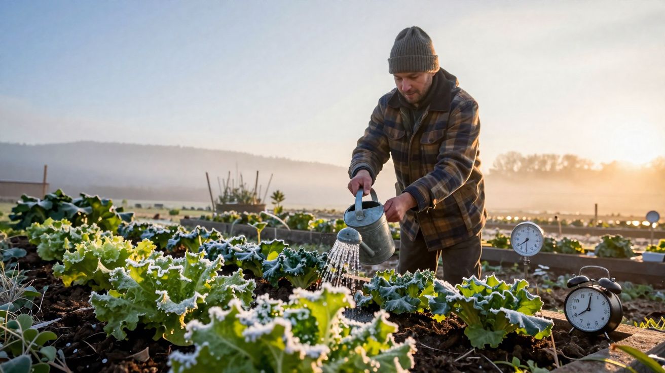 Homem regando alface em plantação ao amanhecer com geada e relógios ao redor.