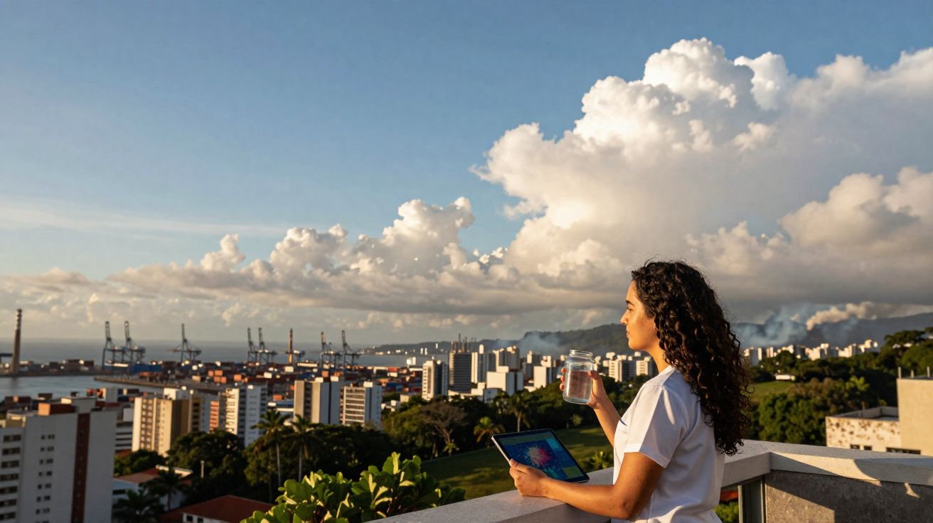 Mulher com tablet e copo d'água observa a paisagem urbana e o céu com nuvens ao entardecer.