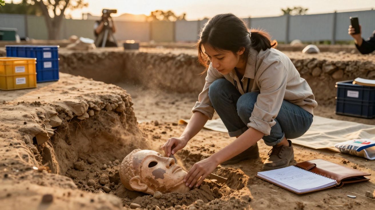 Pesquisadora arqueóloga escava e examina grande cabeça de escultura antiga em sítio arqueológico ao ar livre.
