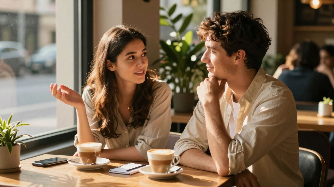Casal jovem conversando em café com duas xícaras de café, caderno e celular sobre a mesa.