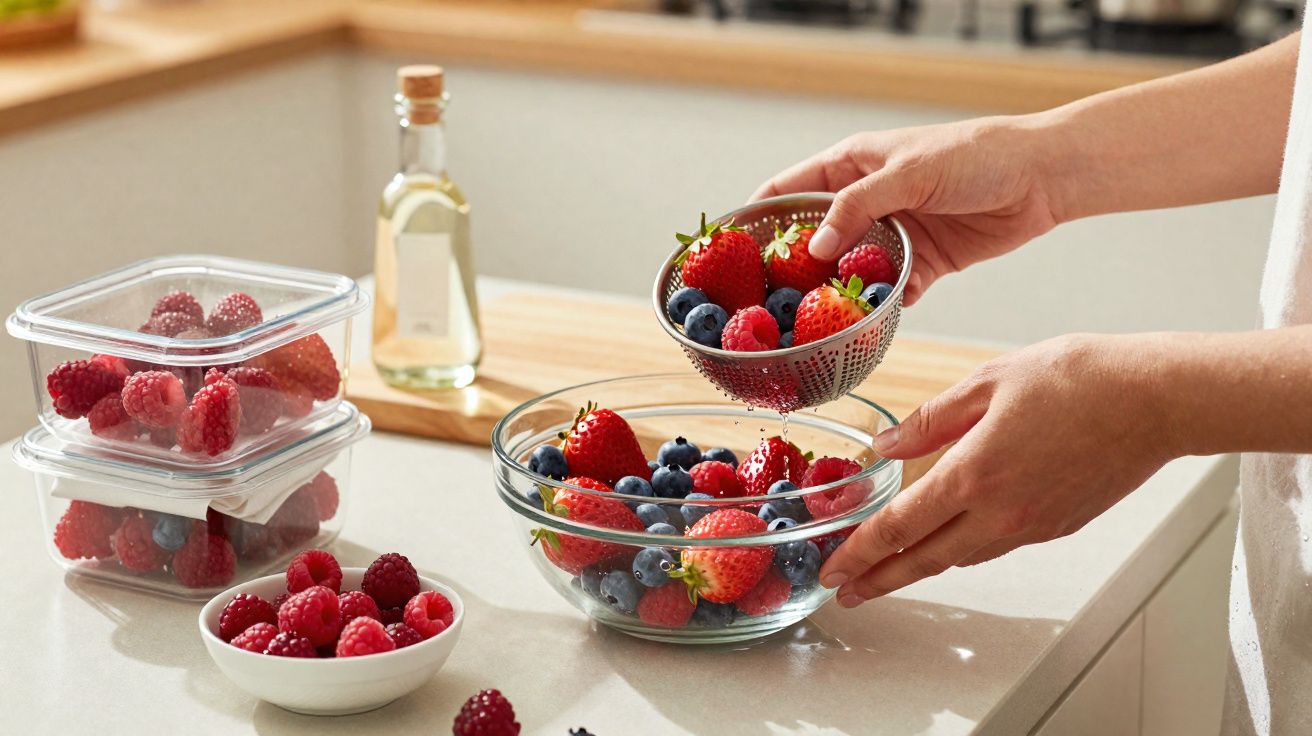 Mãos colocando frutas vermelhas frescas em tigela de vidro na bancada da cozinha iluminada.