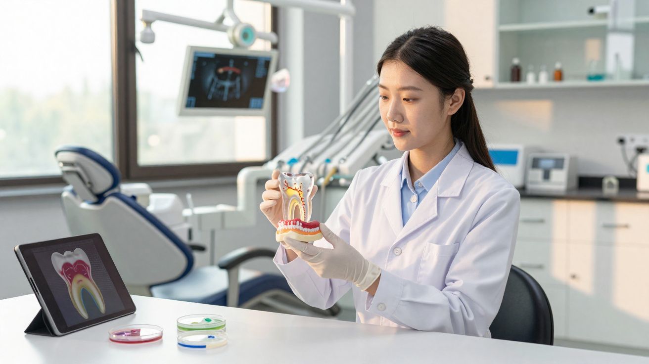 Dentista explicando anatomia do dente usando modelo em consultório odontológico moderno.