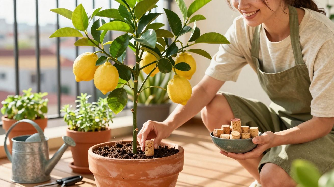 Mulher colocando rolhas de vinho na terra de vaso com limoeiro em varanda ensolarada.