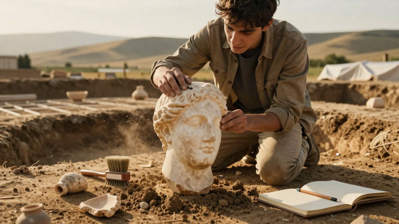 Arqueólogo examina cabeça de escultura antiga durante escavação em sítio arqueológico ao ar livre.