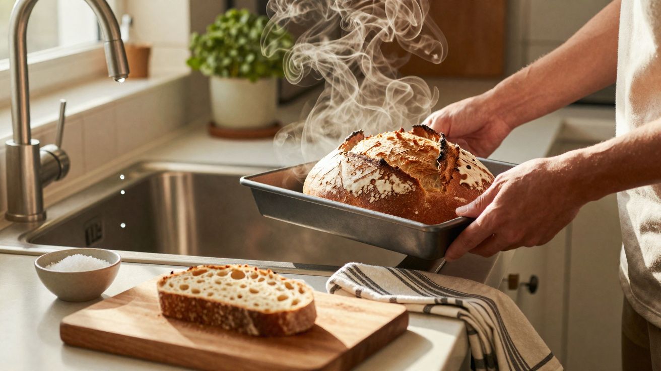 Pessoa segurando pão quente recém-saído do forno em forma retangular na cozinha próxima à pia.