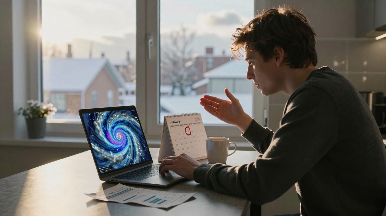 Homem sentado à mesa olhando laptop com imagem de redemoinho, calendário e xícara à frente, perto da janela.