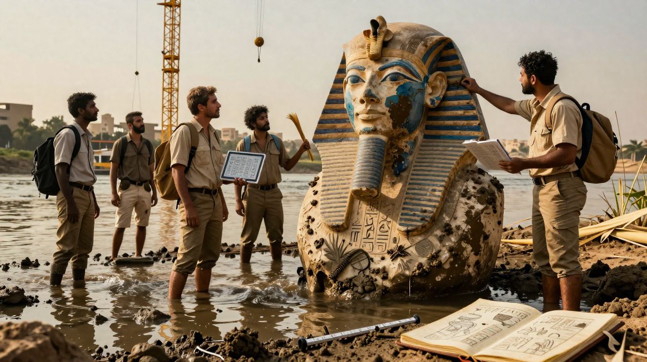 Cinco arqueólogos estudam uma grande estátua de faraó semi-submersa em lama à beira do rio.