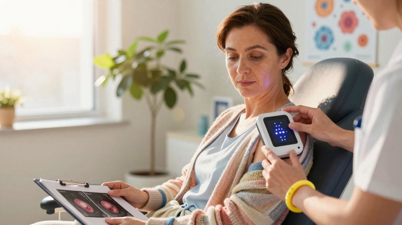 Paciente recebe exame dermatológico com aparelho de luz azul na consulta médica em ambiente claro e acolhedor.