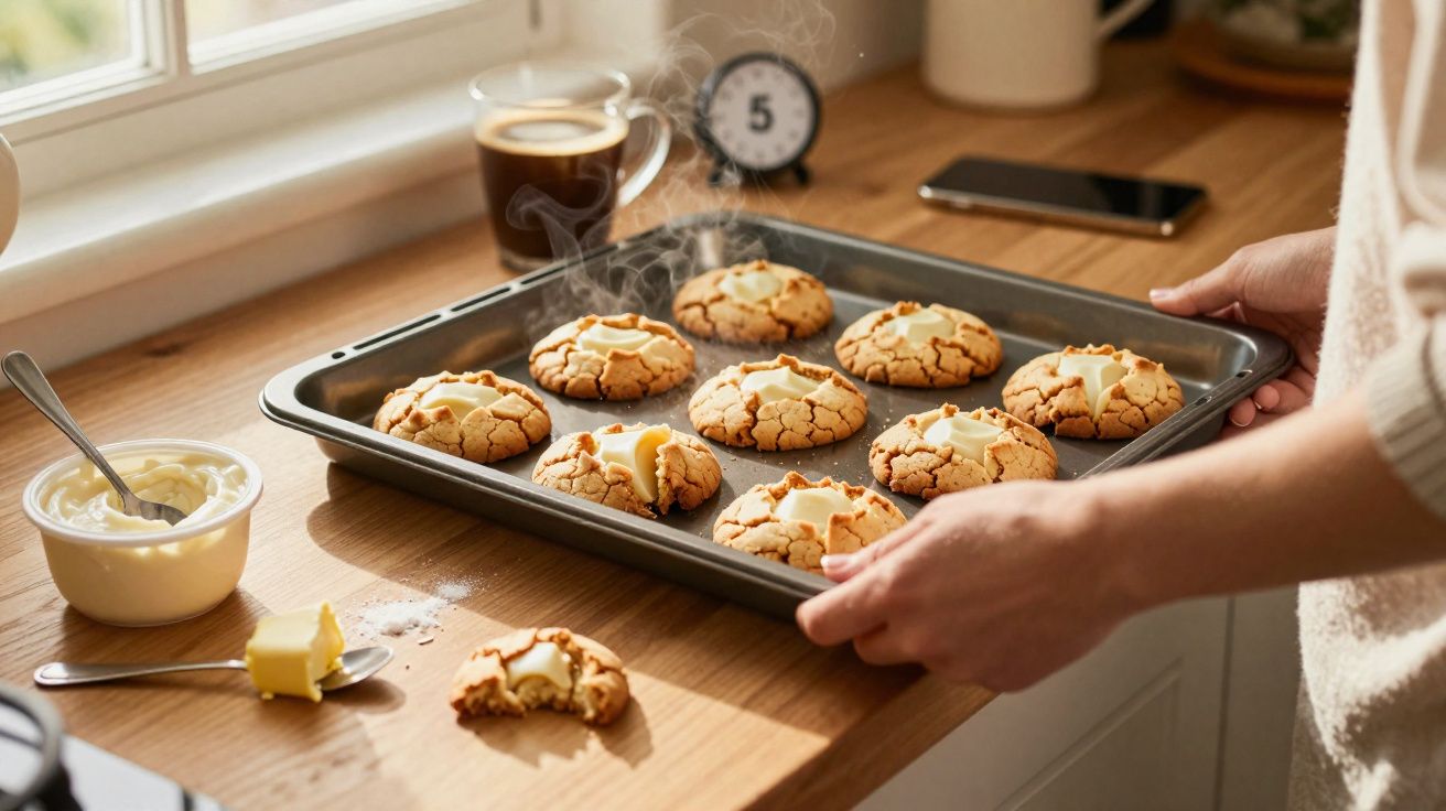 Pessoa segurando forma com biscoitos quentes recém-assados sobre bancada de madeira na cozinha.