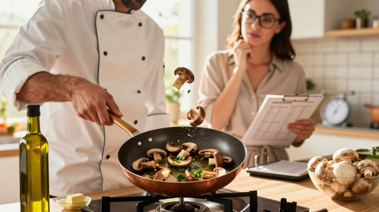 Chef mexendo cogumelos na frigideira em cozinha, mulher observando e anotando em prancheta.