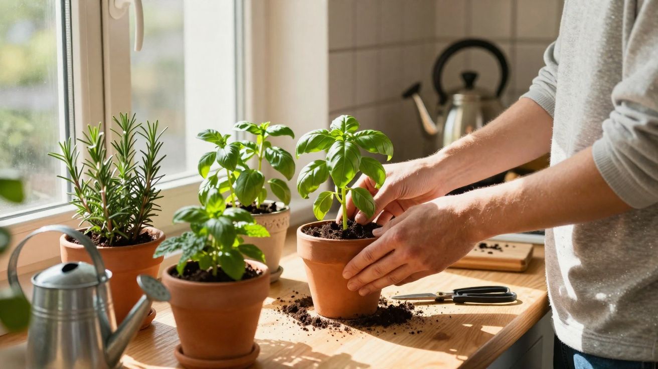 Pessoa cuidando de plantas em vasos de barro em uma bancada de cozinha iluminada pela janela.