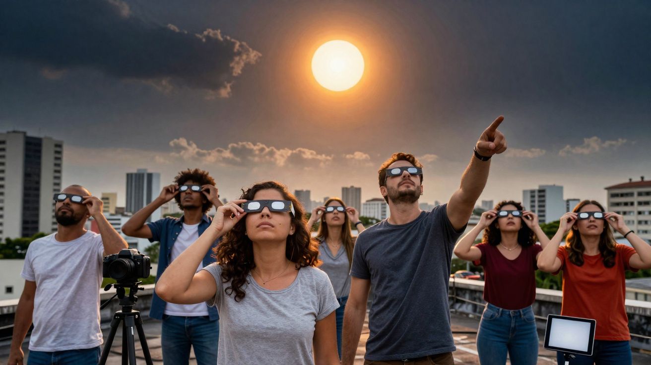Pessoas usando óculos de eclipse solar observando o sol durante um fenômeno em área urbana.