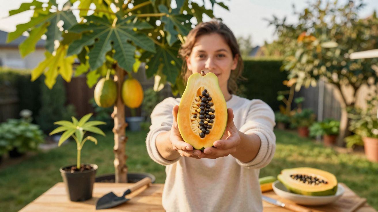 Mulher segurando mamão cortado ao meio em jardim ao ar livre com árvores e vasos ao fundo.