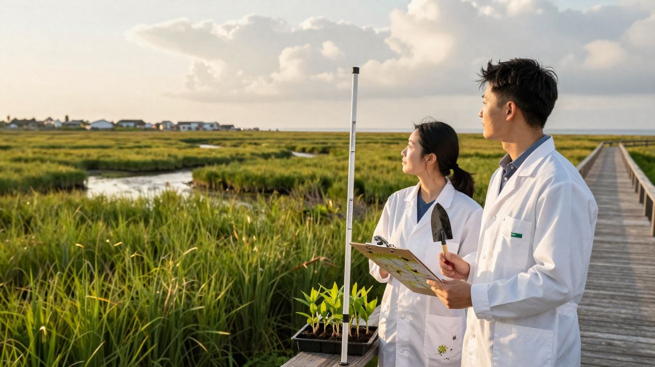 Dois cientistas com jalecos brancos observam área de vegetação e água durante pesquisa ambiental ao ar livre.