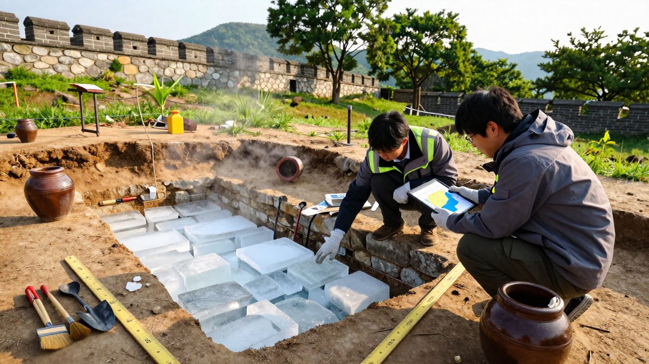 Dois arqueólogos examinam blocos de gelo em escavação arqueológica ao ar livre com ferramentas e vasos de barro.