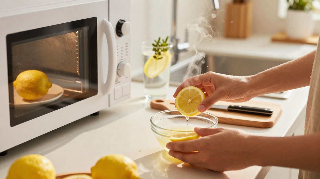 Mãos espremendo limão em uma tigela de vidro na cozinha com micro-ondas e limões sobre a bancada.