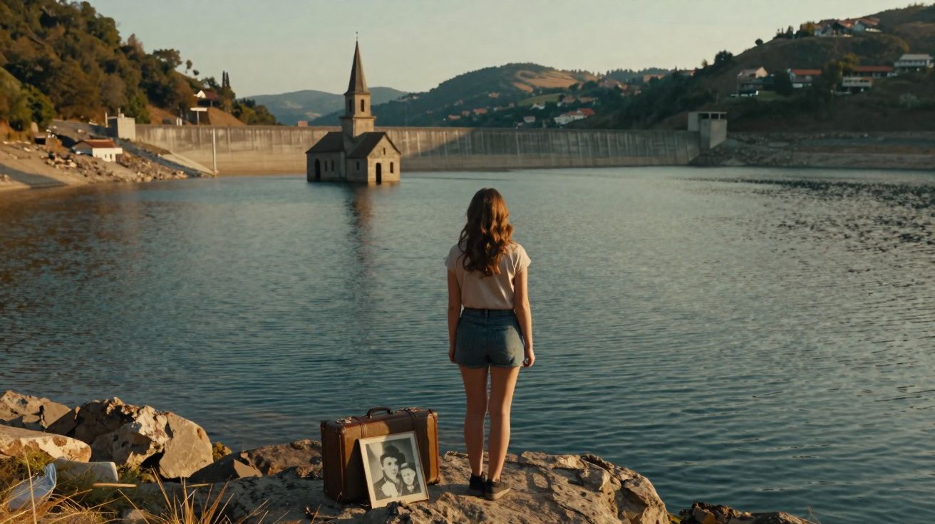Mulher de costas observa igreja submersa em lago com mala e foto antiga sobre pedra na beira da água.
