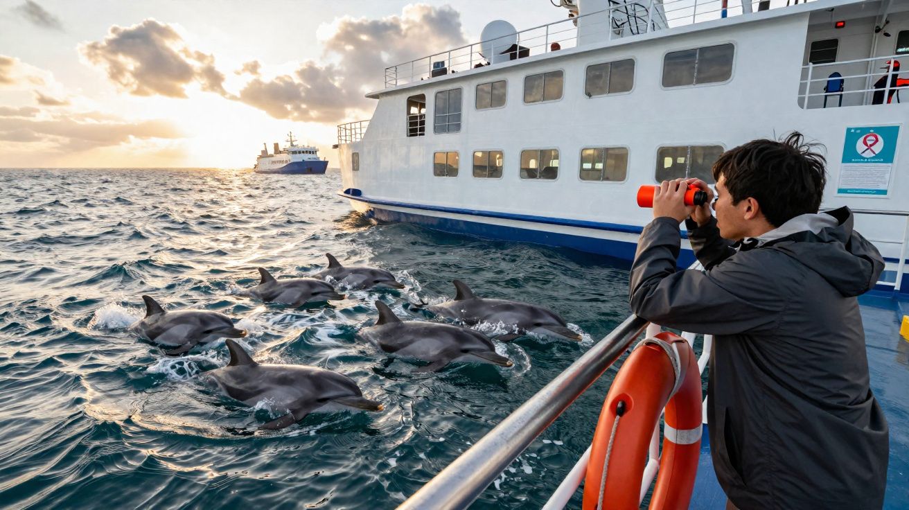 Pessoa observa grupo de golfinhos no mar a partir de um navio ao pôr do sol.