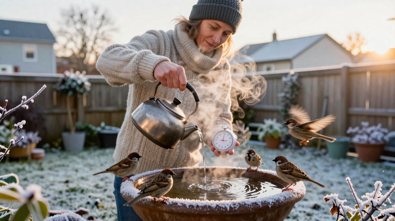 Mulher com gorro e suéter despeja água quente em bacia para pássaros em jardim com geada ao amanhecer.